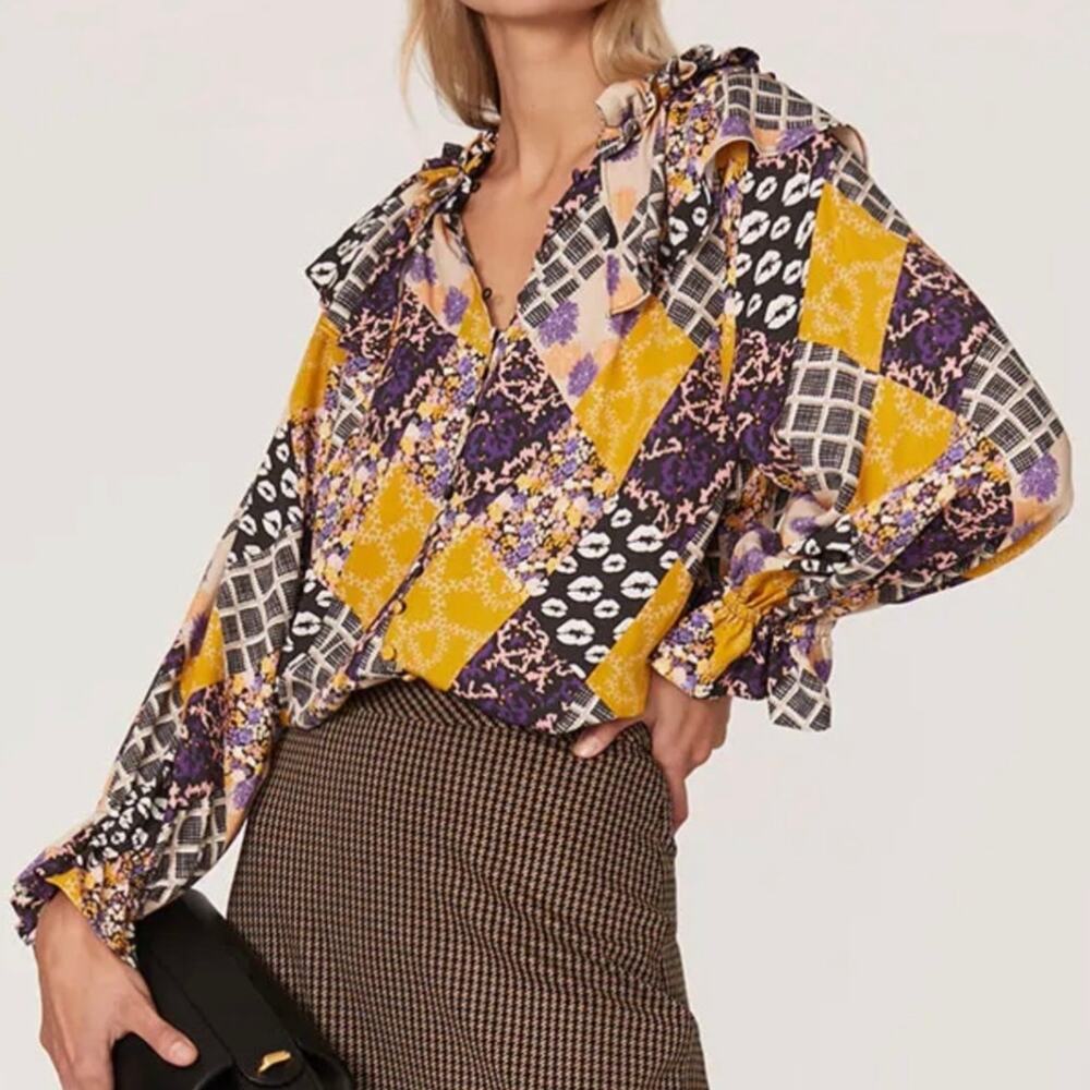 Hofmann Copenhagen May Blouse Large Womens Patchwork Maximalist Button Up Ruffle